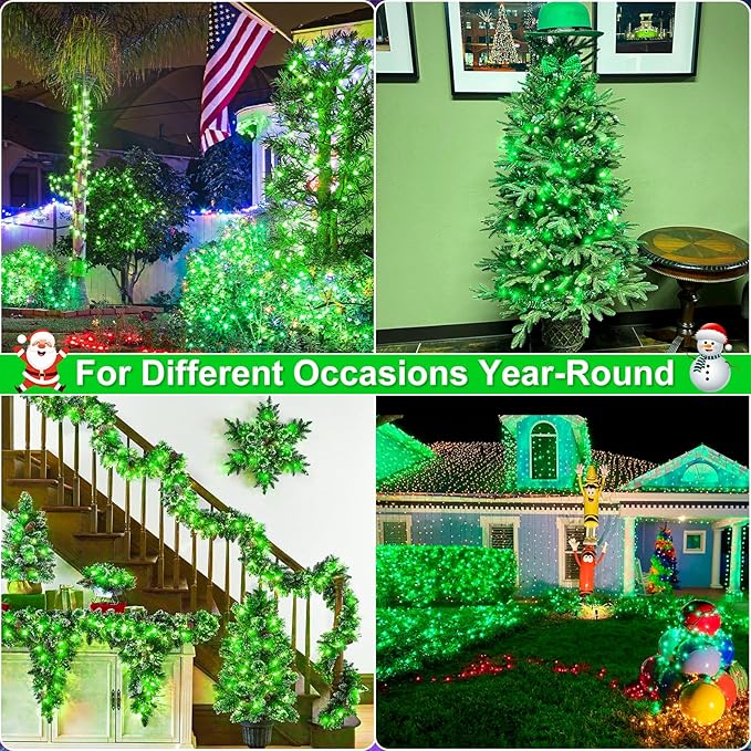 2 Pack Christmas Lights Outdoor, Total 200FT 600LED String Lights for Outside with 8 Modes Waterproof, Green Wire Twinkle Tree Lights Green Wire for Indoor Yard Garden Party Decorations, Green