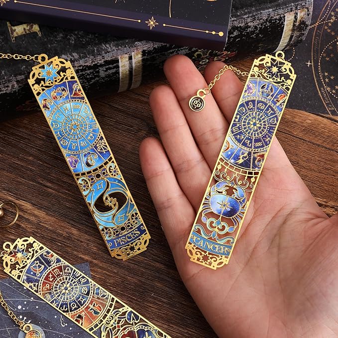 12 PCS Zodiac Theme Metal Bookmark for Women, Gold Hollow Astrology Bookmarks Set Funny Book Mark for Girls, Teenage, Student, Readers, Men, Horoscope Themed Gifts for Book Lovers, Birthday Present