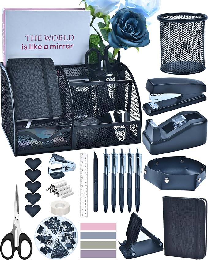 Black Desk Accessories, 24Pcs Office Supplies and Desk Organizers, with Tape Dispenser, Stapler, Staple Remover, Ect, Christmas Gifts