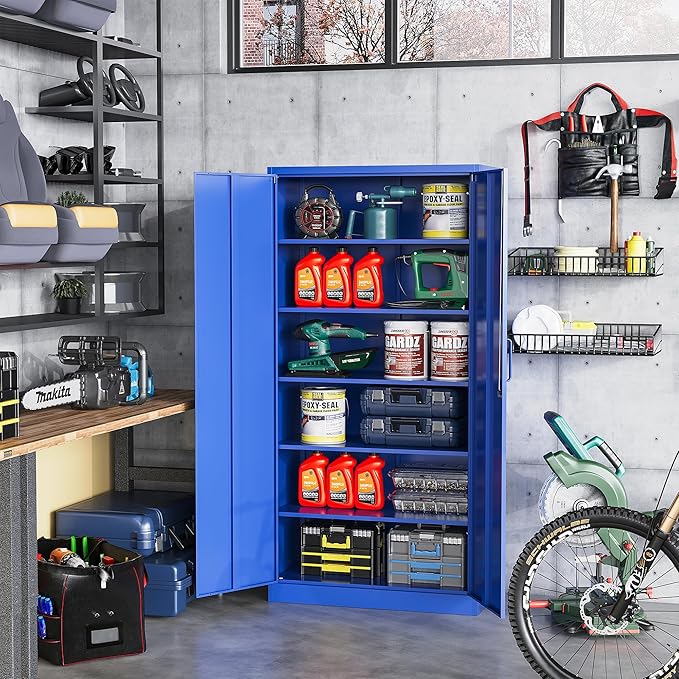 STANI Metal Garage Storage Cabinet with Lock, 71" Steel Lockable File Cabinet, Locking Steel Storage Cabinet with 5 Adjustable Shelves for Home, Office, Garage, Warehouse (Blue, 2 Door - 71" H)