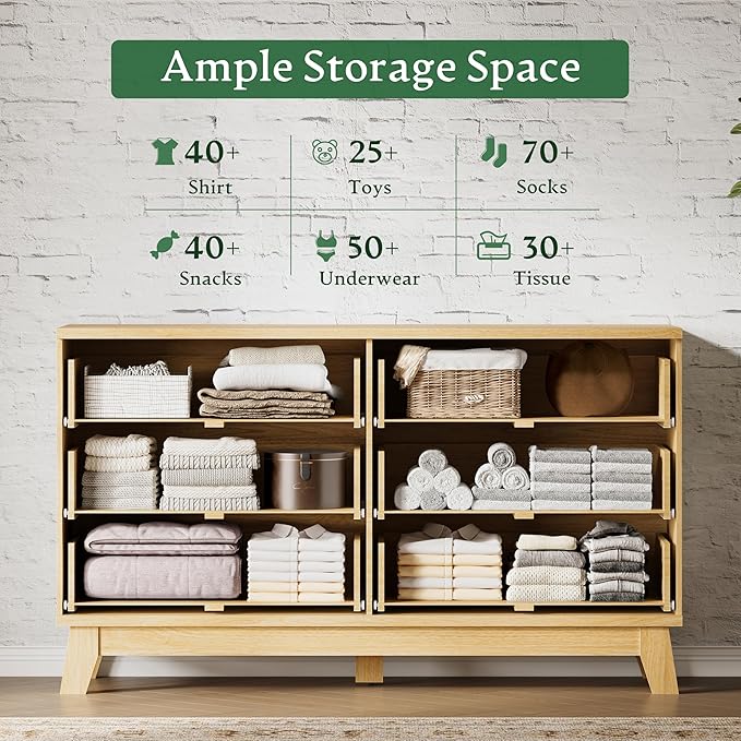 Fluted Dresser with 6 Drawers, 54" Wide Modern Chest of Drawers with Metal Handle, Wooden Dresser TV Stand, Wood Closet Clothes Storage Organizer for Bedroom, Living Room, Hallway, Natural Oak