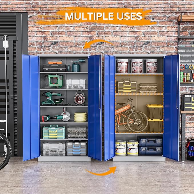 STANI Metal Garage Storage Cabinet with Lock, 71" Steel Lockable File Cabinet, Locking Steel Storage Cabinet with 5 Adjustable Shelves for Home, Office, Garage, Warehouse (Blue Grey, 2 Door - 71" H)