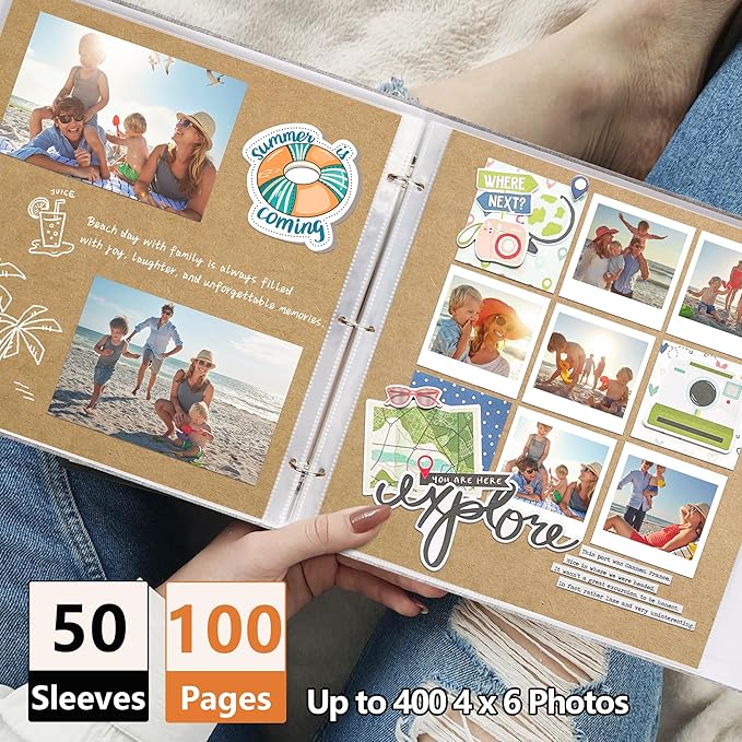 Vienrose Scrapbook Photo Album 12x12 Inch 3 Ring Binder, Linen Cover Large DIY Scrapbooks with 50 Sheets Plastic Sleeves 100 Pages Blank Khaki Inner Pages for Wedding Birthday Travel Baby Photos Beige