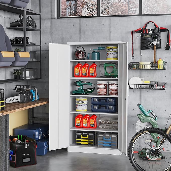 STANI Metal Garage Storage Cabinet with Lock, 71" Steel Lockable File Cabinet, Locking Steel Storage Cabinet with 5 Adjustable Shelves for Home, Office, Warehouse, Garage, School (White)