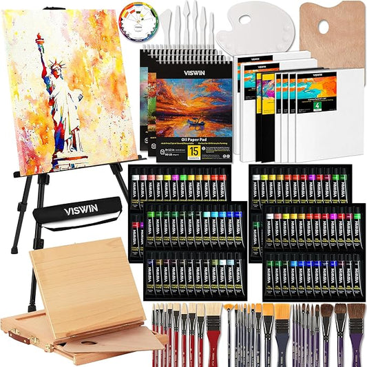 VISWIN 151Pcs All-in-One Art Painting Kit with Aluminum & Beech Wood Easel, 96 Acrylic, Watercolor & Oil Paint Set, Canvases, Painting Set with Complete Art Supplies for Adults, Artists, Beginners