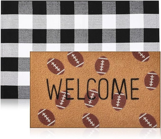 2 Pcs Football Coir Welcome Doormat Outdoor Football Rug Layered Buffalo Plaid Mats for Front Door Porch Outdoor Entryway Decor(Welcome)