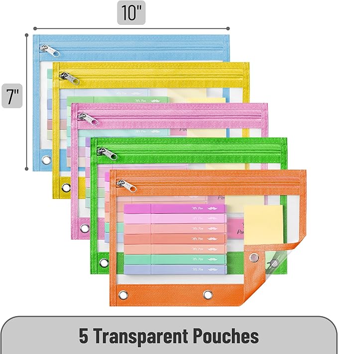 Mr. Pen- Pencil Pouch, 5 Pack, Pencil Pouches with Clear Windows on Both Sides, Clear Zipper Pencil Pouch for 3 Ring Binder Pencil Pouch, Pencil Case for Binder Pouch, 3 Ring Binder Pouch