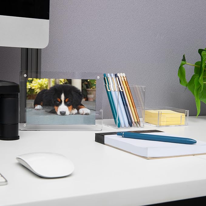 Mind Reader 3-Piece Desk Organizer Set, Pen Holder, Photo Frame and Sticky Note Tray, Desktop Organization, Office, Acrylic, Clear