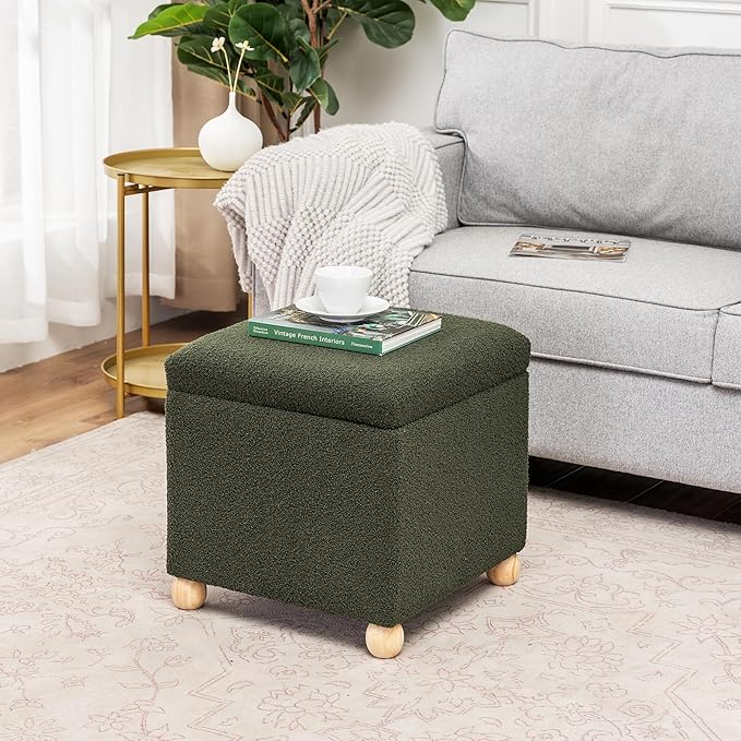 Adeco 17 Inch Soft Dark Green Cube Ottoman Storage, Teddy Velvet Chair Foot Stools, Upholstered Vanity Stool with Hinged Lid, Solid Round Wood Legs