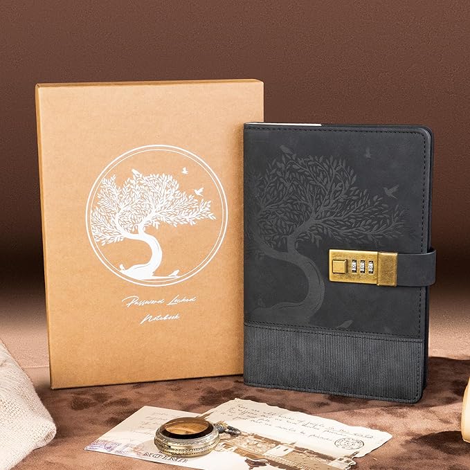 Vintage Diary with Lock for Women Men 256 Pages Leather Password Journal with Lock A5 Locked Journals for Writing Note Taking, 5.9x 8.3 in, Black