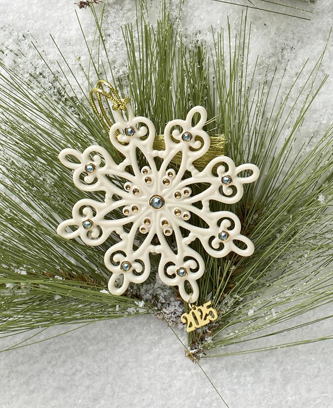 Lenox Ornament, 2025 Snow Fantasies Snowflake Ornament, Made from Porcelain with A Gold Cord for Hanging, Christmas Tree Decoration, Winter Tree Decor, Beautiful Snowflake Design (Cream, 1 Piece)