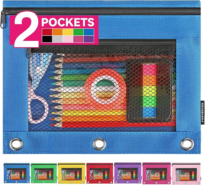 Forvencer Pencil Pouch for 3 Ring Binder, Clear Pencil Case Bag with Smooth Zipper, Pen Organizer for Girls Boys Kids, School Supplies, Back to College Stationery, Azure Blue