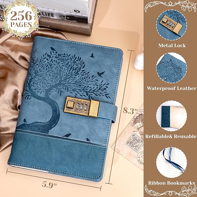 Vintage Diary with Lock for Women Girls 256 Pages Leather Password Journal with Lock A5 Locking Journals for Writing Note Taking Boys Men, 5.9x 8.3 in, Blue