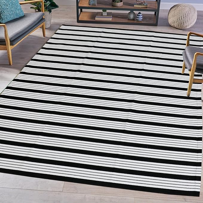 CAINANEL Black and White Striped Outdoor Rug 4' x 6' Front Porchr Mat Handwoven Cotton Indoor/Outdoor Rug for Layered Door Mats,Welcome Door Mat, Front Porch,Farmhouse,Entry Way