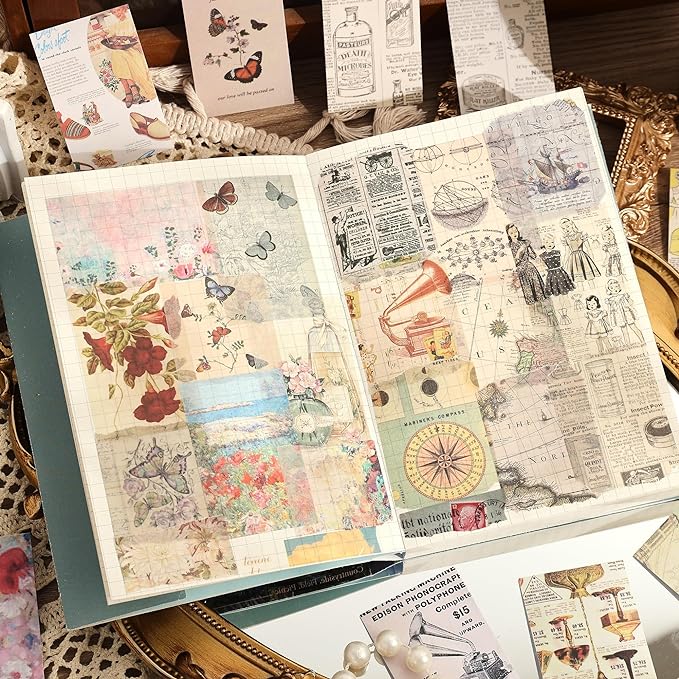 6 Sets 300 Pcs Washi Stickers Set Vintage Aesthetic Sticker Book for Journaling Decorative Scrapbook Floral Paper Sticker Kit for Scrapbooking, Bullet Journal, Art Craft Gifts, Notebook Making