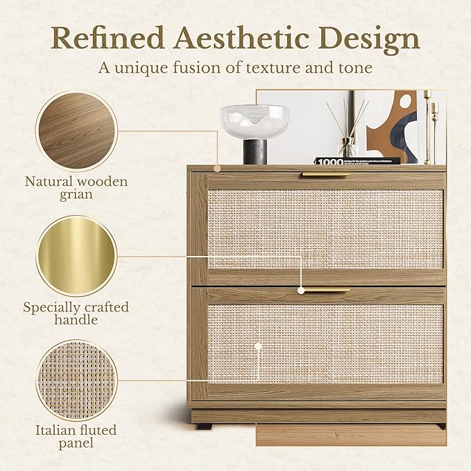 2 Drawer Rattan File Cabinet, 32'' Lateral File Cabinet for Legal/Letter/A4/F4 Size Hanging Files, Wood File Storage for Home Office, Natural Oak