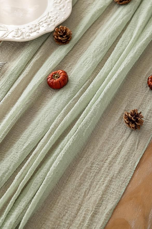 6pcs Sage Green Table Runner Cheesecloth 120 Inch 10 FT Rustic Boho Cheese Cloth Table Runner for Wedding Baby Shower Bridal Shower Sheer Gauze Centerpiece Home Decorations