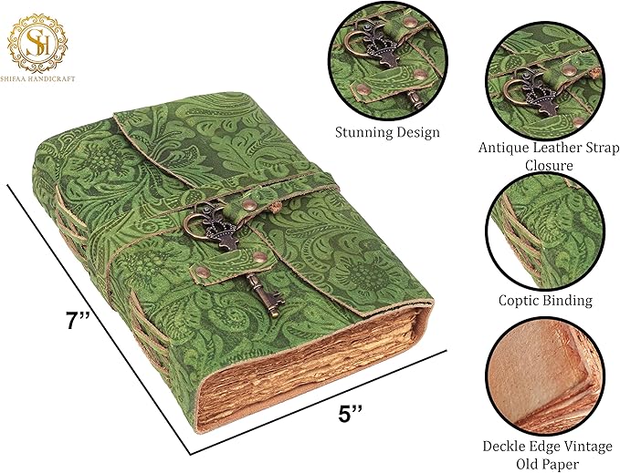SH SHIFAA HANDICRAFT Leather Journal - Antique Handmade Deckle Edge Vintage Paper Leather Bound Journal - Book of Shadows Journal - Leather Sketchbook - Drawing Journal - Great Gift (Green) (8x6)