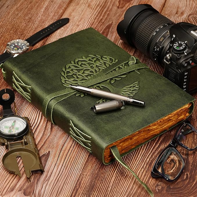 LUXEORIA Tree Of Life Leather Journal for Women and Men, Handcrafted Leather Journal for Writing Womens, Sketchbook, Travel Diary with Unlined Deckle Paper, Dark Green 7x10