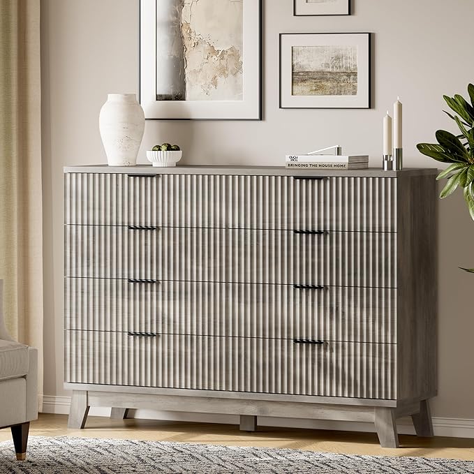 Fluted Dresser with 8 Drawers, 54" Wide Wood Chest of Drawers with Metal Handle, Wooden Dresser TV Stand, Modern Closet Clothes Storage Organizer for Bedroom, Living Room, Hallway, Light Grey