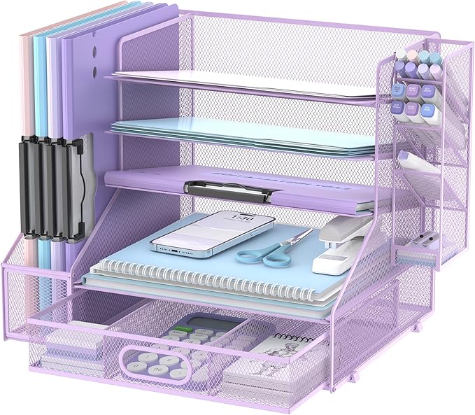 DALTACK Mesh Desk Organizer, 5-Tier Paper Letter Tray with File Holder & Pen Holder & Sliding Drawer, Desktop Organizer and Storage for Desk Accessories Office Supplies, Purple