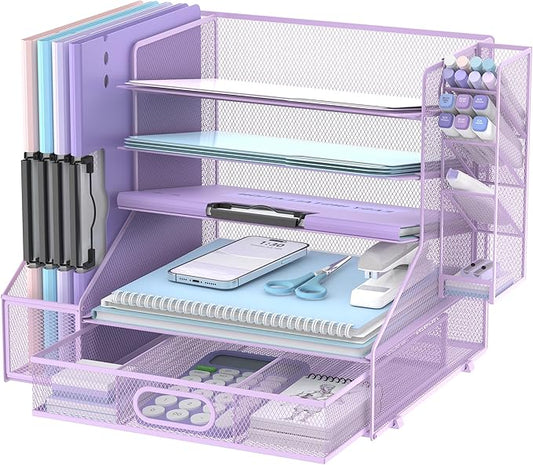 DALTACK Mesh Desk Organizer, 5-Tier Paper Letter Tray with File Holder & Pen Holder & Sliding Drawer, Desktop Organizer and Storage for Desk Accessories Office Supplies, Purple