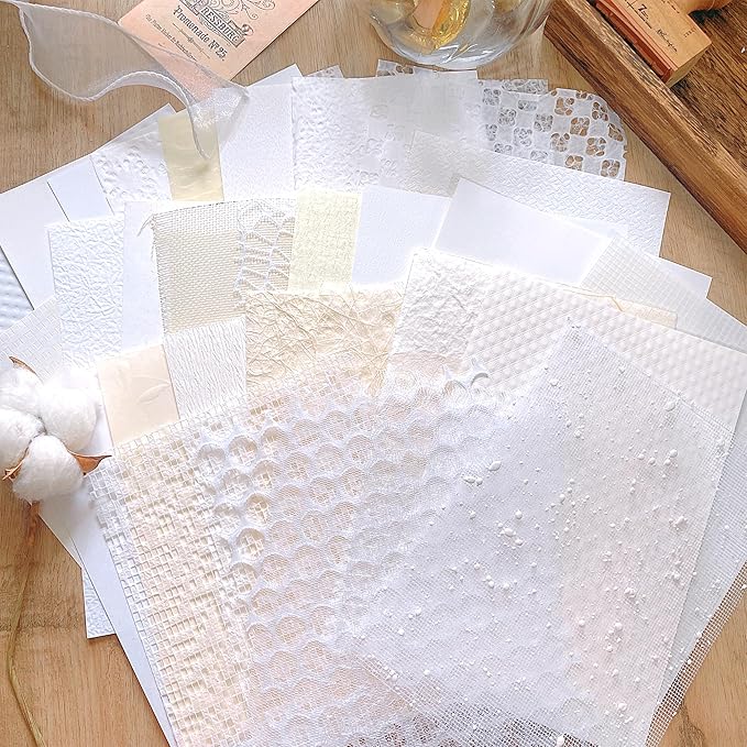 30 sheets A5 Unique Textured Scrapbook Paper&Mesh Fabric set - Handmade Craft Mulberry Special Paper Mix for Wedding Bridal Scrapbooking Junk Journaling Supplies Card Materials Collage, 5.8x8.2 Inches