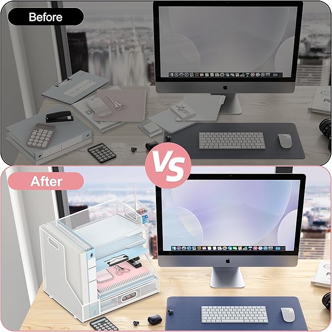 SUPEASY Desk Organizer with File Holder, 5-Tier Mesh Paper Letter Tray and 3 Tilted File Sorter for Office Supplies, White