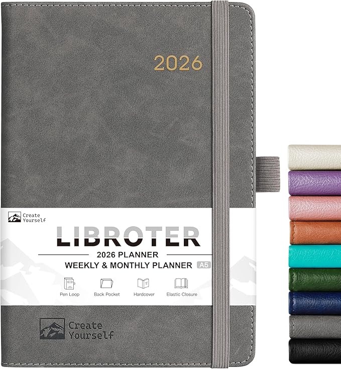 2026 Planner - Planner 2026, 2026 Weekly Monthly Planner, Jan.2026 - Dec.2026, 5.7'' x 8.4'', Thick Paper, Leather Cover, Pen Holder, Back Pocket, Bookmarks, Perfect Daily Organizer - Brown - Grey