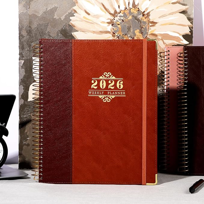 2026 Planner, Weekly and Monthly Calendar Planner Book,Dec 2025 - Dec 2026, Leather Hardcover Spiral Planner with Monthly Tabs, Notes Pages, Perfect for Women & Men, A4 (9.6" x 11.2") - Rust Brown