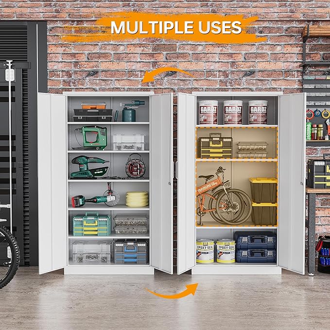 STANI Metal Garage Storage Cabinet with Lock, 71" Steel Lockable File Cabinet, Locking Steel Storage Cabinet with 5 Adjustable Shelves for Home, Office, Warehouse, Garage, School (White)