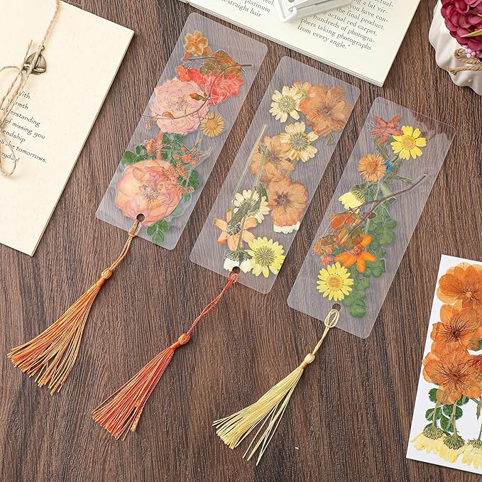 150 Pcs DIY Pressed Dried Flower Bookmark Making Kit, DIY Bookmark Bulk Thanksgiving Teacher Gifts for Reading Women Book Lovers(2 x 6 Inch,Orange Yellow Color)