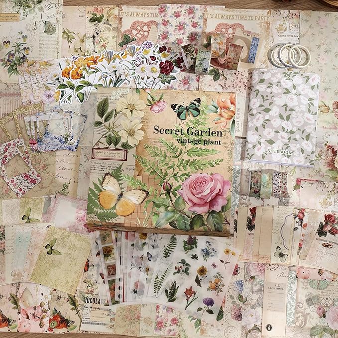 Vintage Botanical Scrapbooking Supplies Kit, Aesthetic Flower Scrapbook Kit for Bullet Junk Journal, 12 Rolls Washi Tape, Stickers Papers for DIY Journaling Supplies, Craft Gift for Girl Kid Women