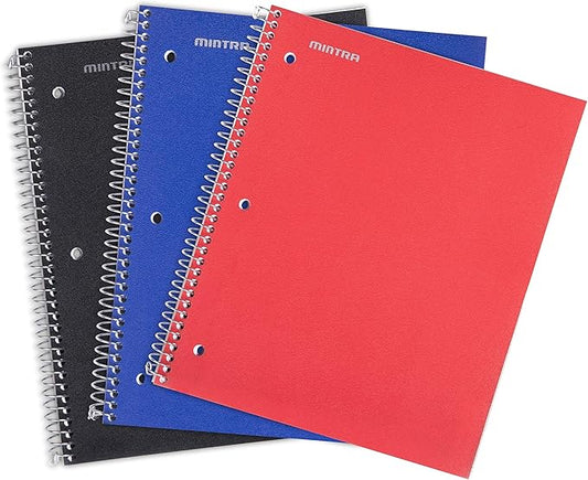 Mintra Office Durable Spiral Notebooks, 1 Subject, (Black, Blue, Red, College Ruled 3 Pack), 100 Sheets, Poly Pocket, Moisture Resistant Cover, Strong Chipboard back, For School, Office, Business