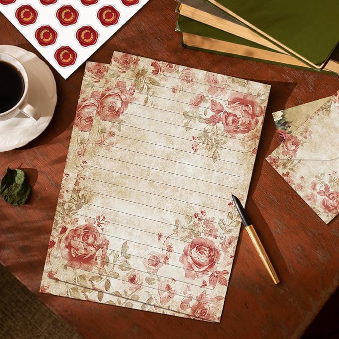 160 Packs Stationery Paper and Envelopes Set 10 Different Designs, 50 One Sided Stationery Writing Papers with 50 Matching Envelopes and 60 Round Dot Sticker, 5.5 x 8.25 Inch (VintageFlower)