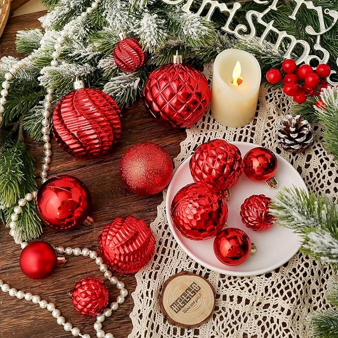 Christmas Balls Ornaments -36pcs Shatterproof Christmas Tree Decorations with Hanging Loop for Xmas Tree Wedding Holiday Party Home Decor,6 Styles in 3 Sizes(Red)