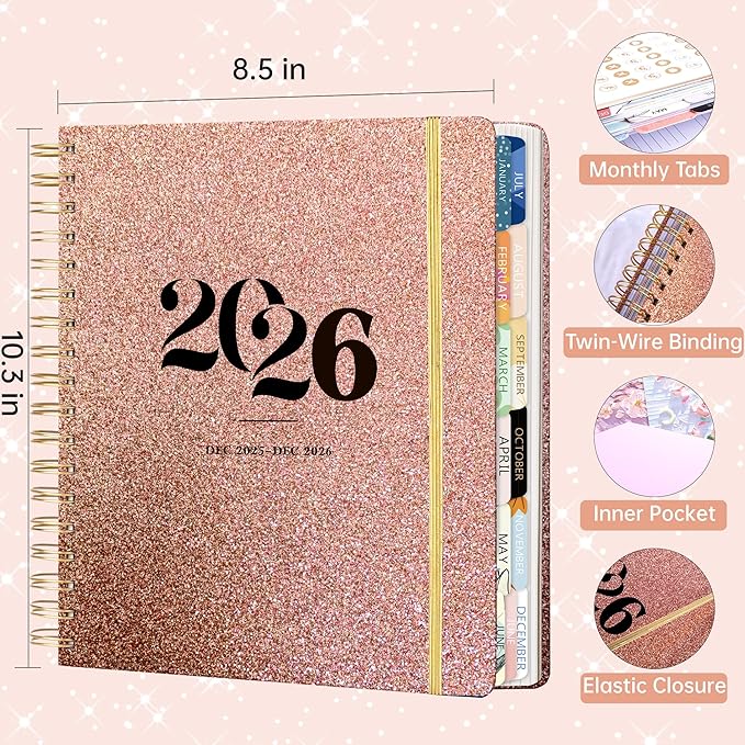 Yoment 2026 Hardcover Planner Weekly & Monthly, 13 Month Planner Dec 2025 - Dec 2026, 8.5" x 10.3" Large Spiral Bound Academic Planners for Women, Men, Daily Agenda with 3 Sticker Sheets (Rose Glod)