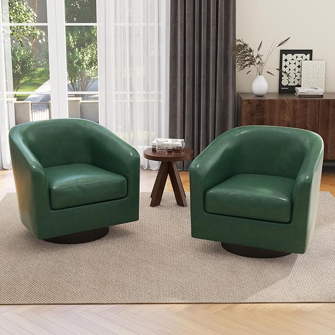 UIXE Faux Leather Swivel Accent Chairs Set of 2, Modern Upholstered Barrel Chairs for Living Room, Comfy Round Armchair Single Sofa Bedroom Reading Seat - 31" W, Green