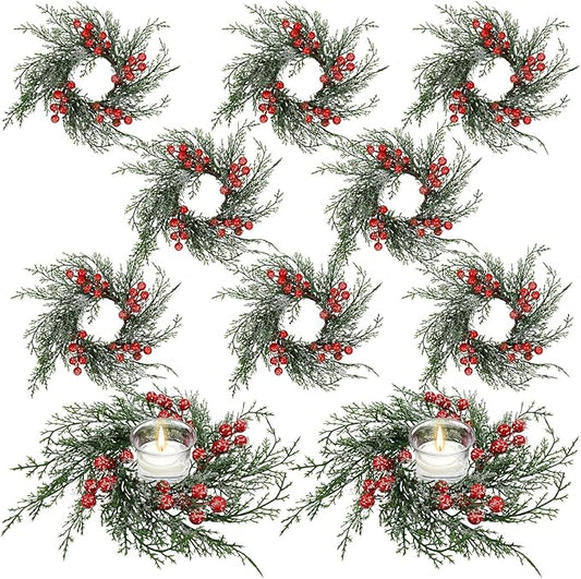 10 Pcs Christmas Candle Rings Wreath Artificial Candle Rings with Red Berry, Snowy Pine Garland Candle Ring Holder for Christmas Decorations Table Centerpiece