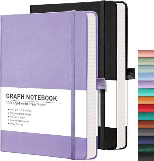 RETTACY Graph Grid Paper Notebook, 2-Pack, 192 Pages per Pack, A5 Medium Size (5.7'' x 8.3''), Leather Hardcover, 100 GSM Thick Paper, for School, Students, Math, Engineering (Black & Purple)