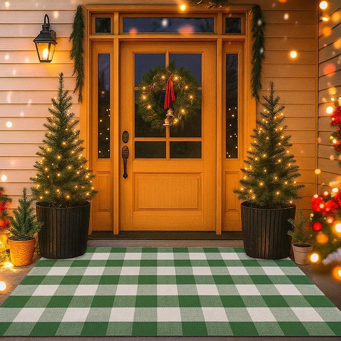 Christmas Green & White Plaid Rug - 3' x 5' Outdoor Front Door Decor Mat Cotton Washable Hand-Woven Rug Christmas New Year Holiday Porch Entryway Layered Doormat