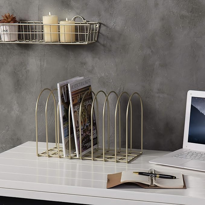 MyGift Large Desktop Document Holder, Brass Metal Wire File Folder Organizer Rack with 8-Slots and Arch Design