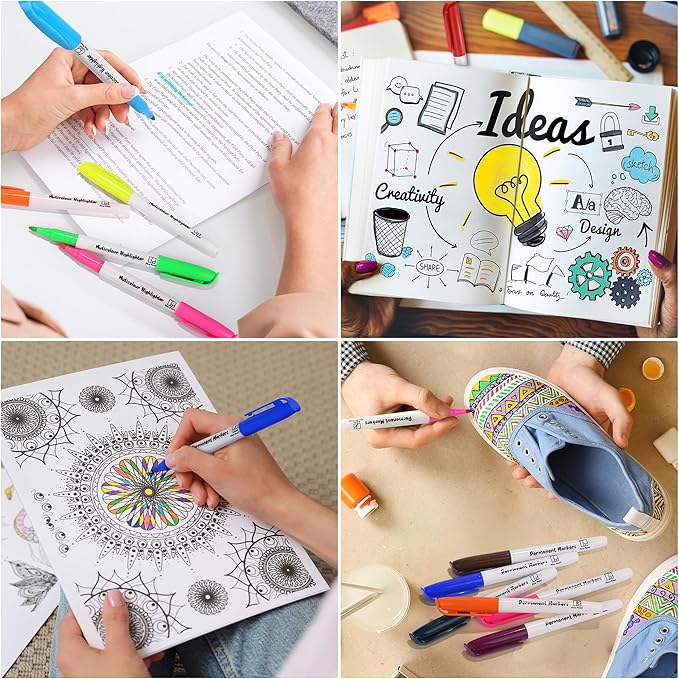Aodaer 144 Pack Permanent Markers, 3mm and 0.5mm, Colored Fine Point Markers and Highlighter, Waterproof, Quick-drying, Smooth Markers for Home Office School Supplies, Works on Wood, Plastic, Metal
