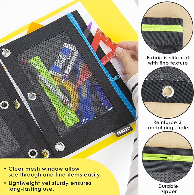 BAZIC Pencil Pouch 3 Ring Binder Pouch w/Rivet Enforced Rings Holes, Neon Black Color Mesh Window Zipper Pouches, 24-Pack