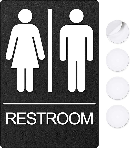 Unisex Bathroom Signs, Restroom Sign For Business - For Men and Women - 9" by 6" - ADA Compliant with Braille - Strong Double-Sided Adhesives Included - Apply to Office, Home, Public Door/Wall