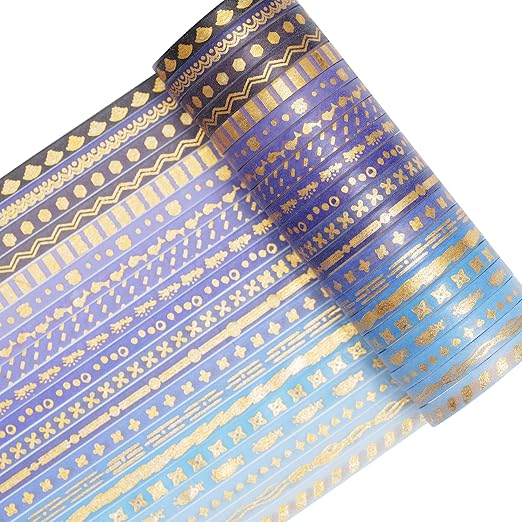 YUBX Skinny Gold Washi Tape Set Basic Foil Print Decorative Masking Tapes for Arts, DIY Crafts, Journals, Planners, Scrapbook, Wrapping (Navy Whales)