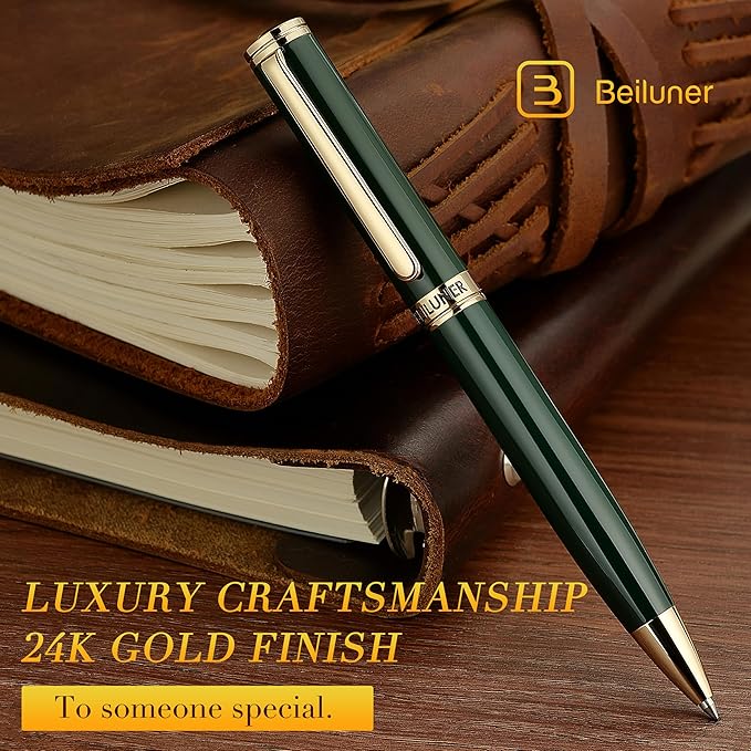 BEILUNER Luxury Gel Pen with 24K Gold Finish, Green Piano Lacquer, Luxury Grade Craftsmanship, Fancy Pen Gift Set for Men and Women, Graduation Gift, Executive, Office, Retractable, Nice Pen Set
