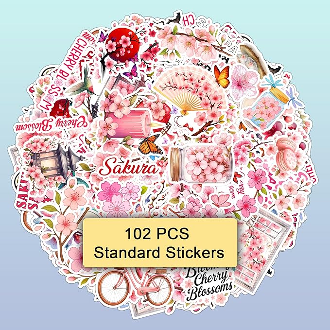 105 PCS Cherry Blossom Stickers Pack, Sakura Floral Pink Vinyl Waterproof Decals, Flower Laptop Water Bottle Scrapbook Sticker Gift for Kids Teens Adults Birthday Christmas