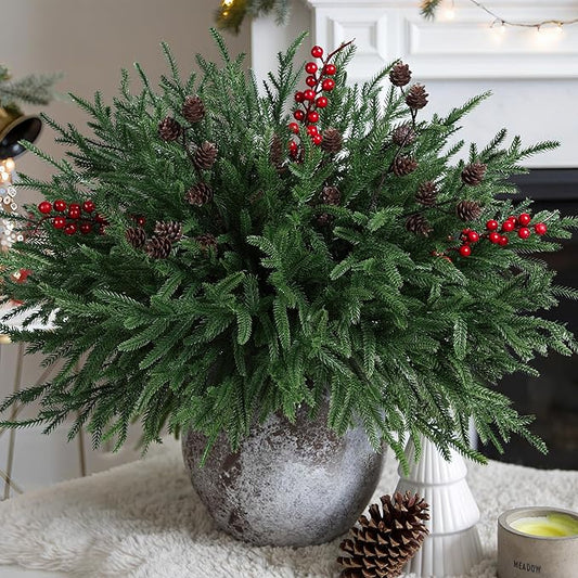 Artificial Christmas Norfolk Pine Stems Branches for Vases,17 Bundles Faux Pine Branches with Pinecones and Red Berries Branches,Fake Greenery Evergreen Real Touch for Holiday Winter Table Xmas Décor