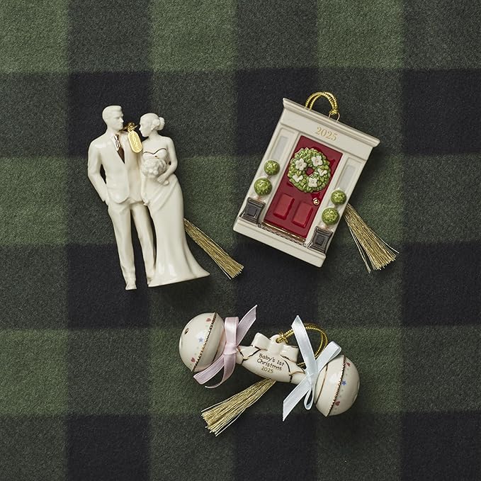 Lenox Ornament, 2025 Babys 1st Christmas Rattle Ornament, Porcelain with Gold Accents and Hanging Cord, Christmas Decorations, Blue/Pink Ribbons, Winter Tree Decor, Winter Decor (Cream, 1 Piece)